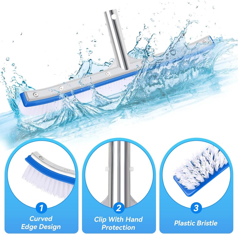 AQUAFLY 18'' Heavy Duty Swimming Pool Brush – Plastic Bristles, Curved Edge for Cleaning Walls, Tiles, Floors, Steps – Fits Inground & Above Ground Pools - Image 3